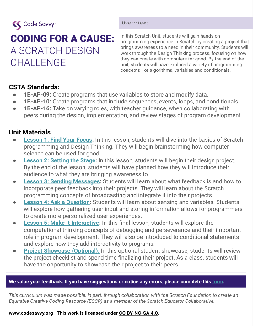 Preview of the Coding for a Cause Scratch Design Challenge curriculum