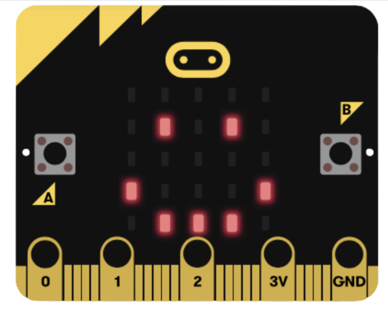 A micro:bit displaying a smiling face